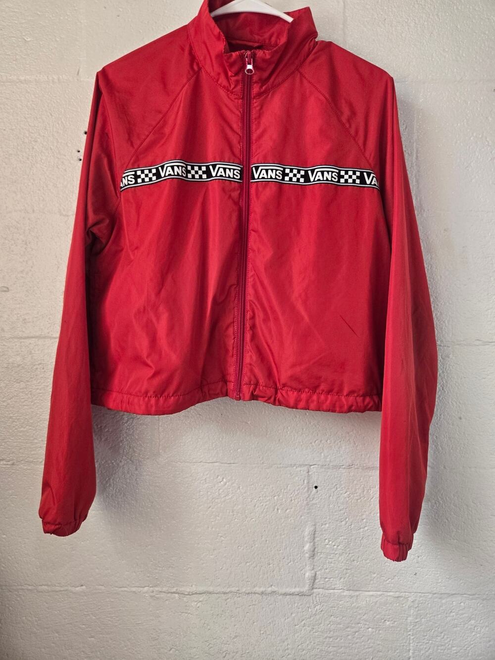 Vans Red Cropped Windbreaker Checkerboard Logo Tape Jacket Y2K Skate